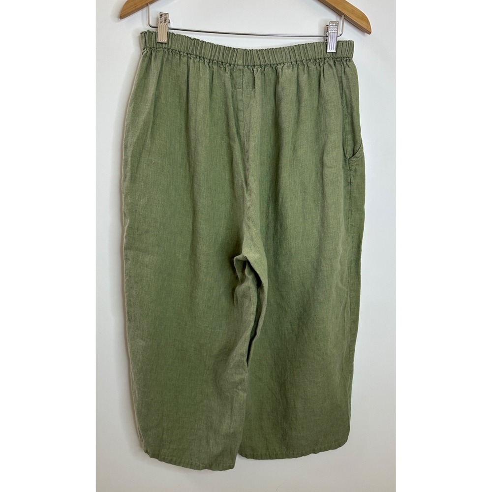 Flax 100% Linen Crop Pants Wide Leg Elastic Waist Faded Green Medium Lagonlook - Picture 9 of 15